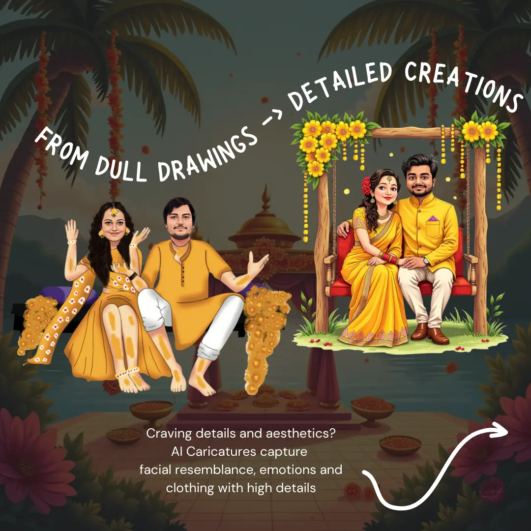 Detailed AI caricature of an Indian couple at their Haldi ceremony with vibrant colours