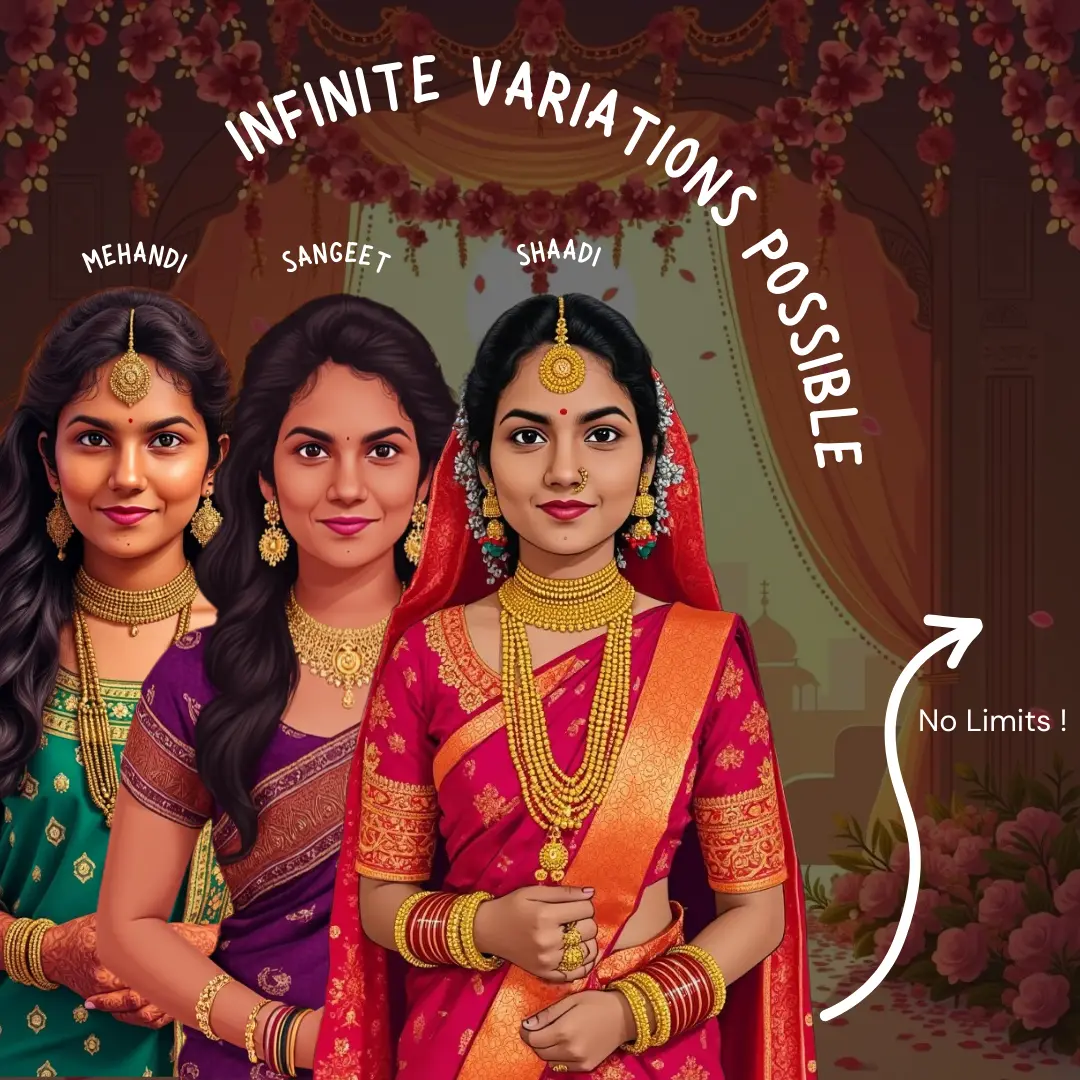 AI caricature variations for Mehendi and Sangeet ceremonies for Indian wedding