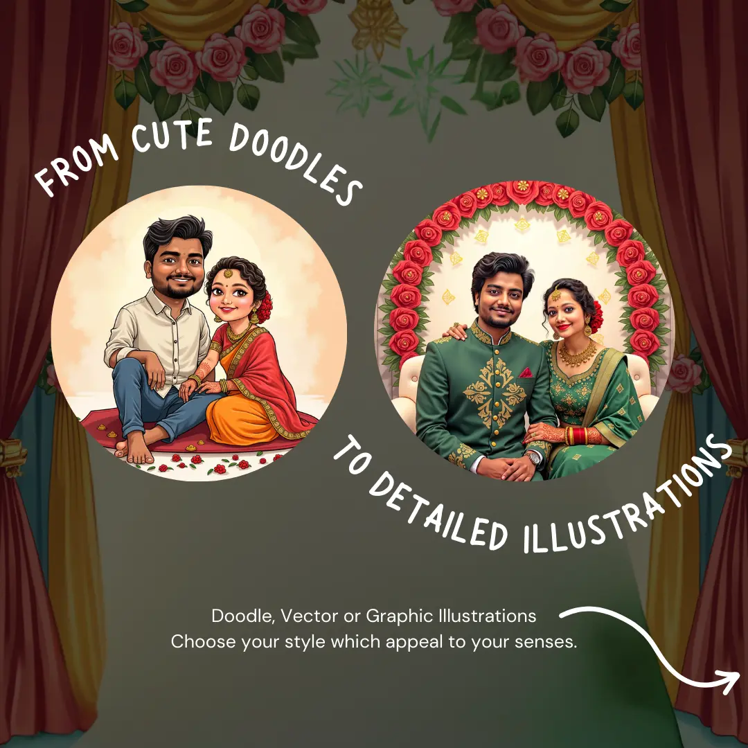 Range of AI illustration styles from minimalist doodles to detailed vector art for weddings