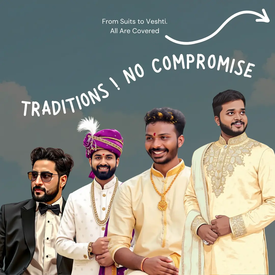 AI caricature showing Indian couple in traditional wedding attire — sherwani and lehenga