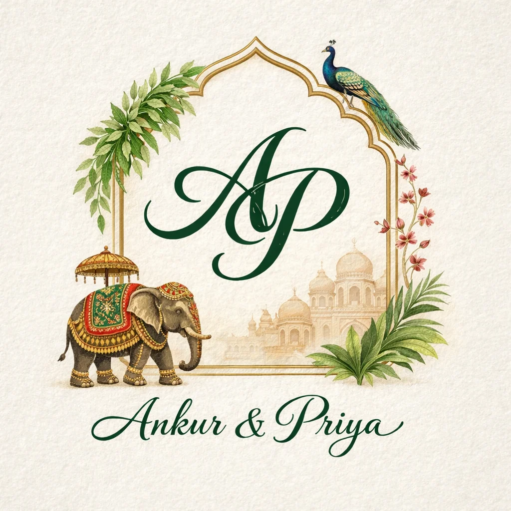Custom AI wedding logo with floral monogram inspired by Rajasthan fort architecture