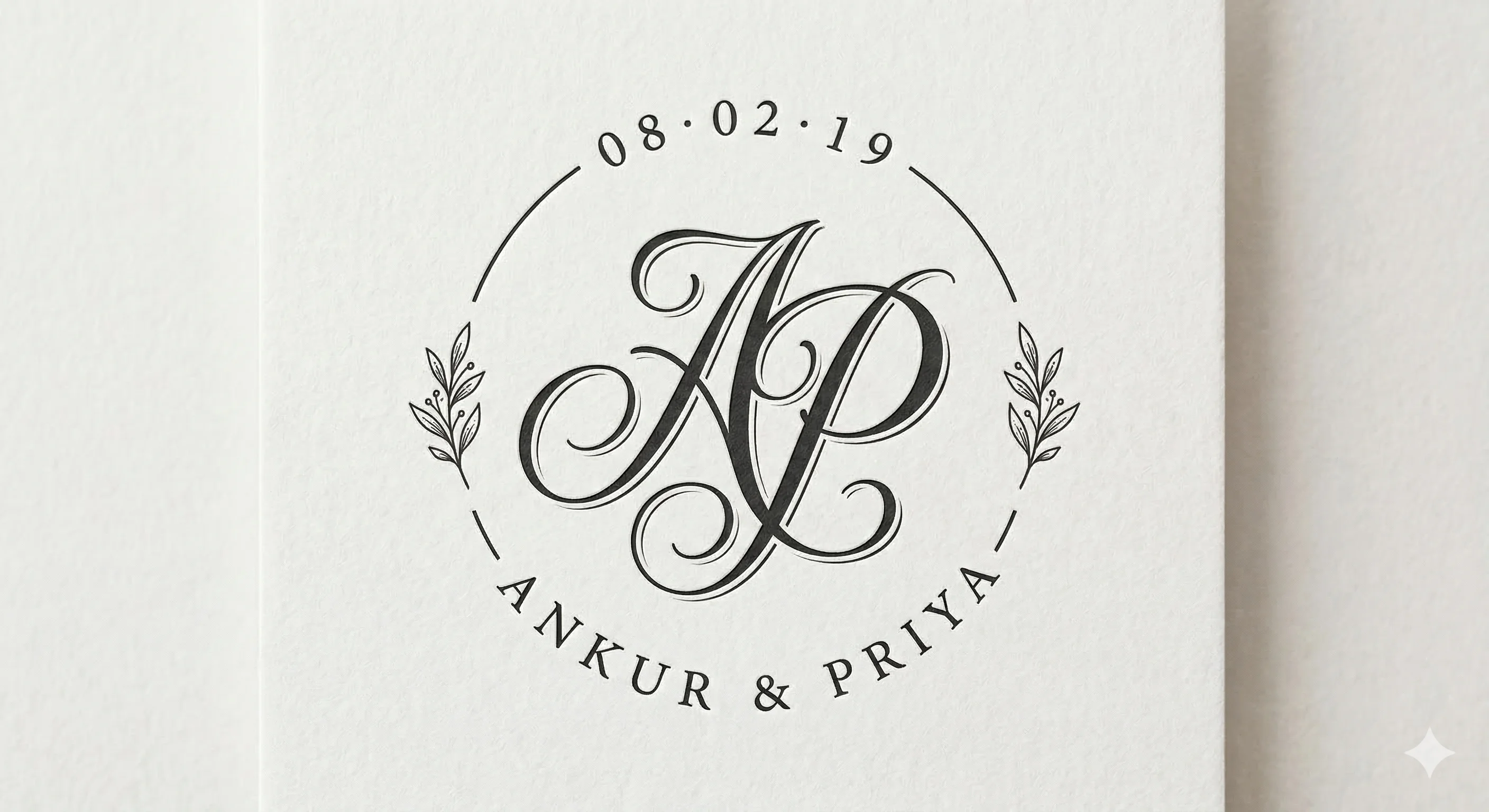 Minimalist wedding logo with couple names and date for a Kerala backwaters wedding