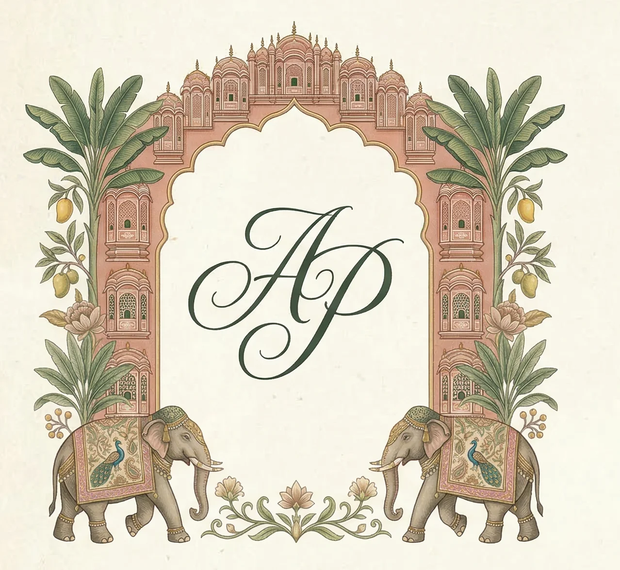 Elegant wedding monogram in gold and black with Mughal arch motifs